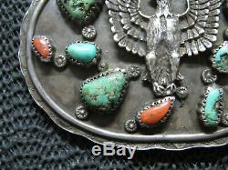 EARLY NATIVE STERLING SILVER TURQUOISE CORAL EAGLE BELT BUCKLE! VINTAGE! 82g