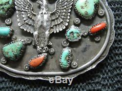 EARLY NATIVE STERLING SILVER TURQUOISE CORAL EAGLE BELT BUCKLE! VINTAGE! 82g