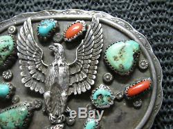 EARLY NATIVE STERLING SILVER TURQUOISE CORAL EAGLE BELT BUCKLE! VINTAGE! 82g