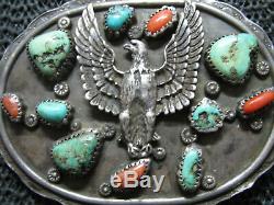 EARLY NATIVE STERLING SILVER TURQUOISE CORAL EAGLE BELT BUCKLE! VINTAGE! 82g