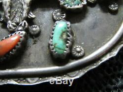 EARLY NATIVE STERLING SILVER TURQUOISE CORAL EAGLE BELT BUCKLE! VINTAGE! 82g