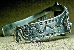 EARLY NAVAJO FRED HARVEY ERA STERLING SILVER TURQUOISE CUFF BRACELET with SNAKES