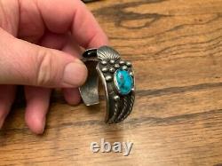 EARLY NAVAJO STERLING & TURQUOISE INGOT WATCH CUFF Old Style Signed # 506