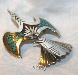 EARLY NAVAJO TOMMY SINGER SIGNED Tc TURQUOISE STERLING SILVER PEYOTE BIRD BROOCH