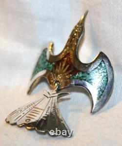 EARLY NAVAJO TOMMY SINGER SIGNED Tc TURQUOISE STERLING SILVER PEYOTE BIRD BROOCH