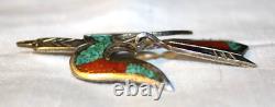 EARLY NAVAJO TOMMY SINGER SIGNED Tc TURQUOISE STERLING SILVER PEYOTE BIRD BROOCH