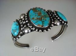 EARLY NAVAJO or PUEBLO INDIAN TWISTED STERLING SILVER & 3 TURQUOISE BRACELET