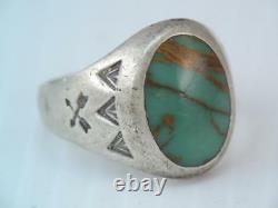 EARLY Native American Indian BELL STERLING TURQUOISE RING SIGNED