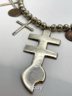 EARLY Native American Isleta Pueblo Sterling Cross Necklace Navajo Sinew Beads