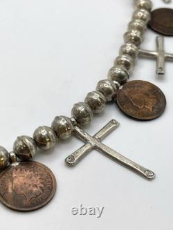 EARLY Native American Isleta Pueblo Sterling Cross Necklace Navajo Sinew Beads