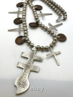 EARLY Native American Isleta Pueblo Sterling Cross Necklace Navajo Sinew Beads