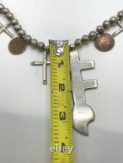 EARLY Native American Isleta Pueblo Sterling Cross Necklace Navajo Sinew Beads