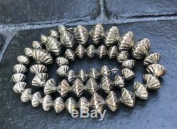 EARLY PAWN NAVAJO SILVER STAMPED FLUTED HOGAN BENCH BEAD PEARLS NECKLACE 92.8g