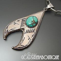 EARLY RIC CHARLIE NAVAJO 925 SILVER TUFA CAST TURQUOISE EAGLES PENDANT With CHAIN