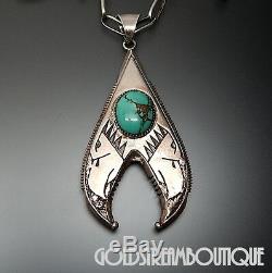 EARLY RIC CHARLIE NAVAJO 925 SILVER TUFA CAST TURQUOISE EAGLES PENDANT With CHAIN