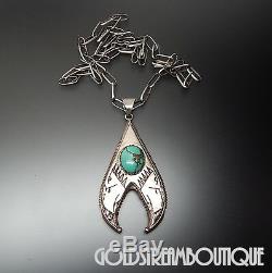 EARLY RIC CHARLIE NAVAJO 925 SILVER TUFA CAST TURQUOISE EAGLES PENDANT With CHAIN