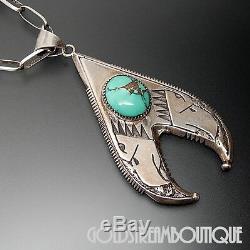 EARLY RIC CHARLIE NAVAJO 925 SILVER TUFA CAST TURQUOISE EAGLES PENDANT With CHAIN