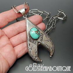 EARLY RIC CHARLIE NAVAJO 925 SILVER TUFA CAST TURQUOISE EAGLES PENDANT With CHAIN