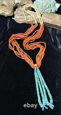 EARLY! Rare, Santo Domingo 9-Strand Red Coral Necklace & Turquoise Jacla, 135.5g