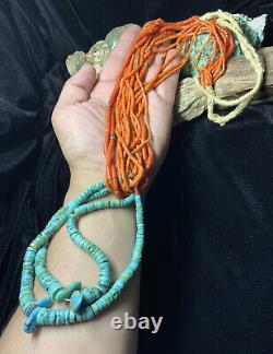 EARLY! Rare, Santo Domingo 9-Strand Red Coral Necklace & Turquoise Jacla, 135.5g