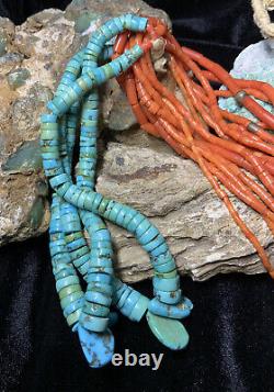 EARLY! Rare, Santo Domingo 9-Strand Red Coral Necklace & Turquoise Jacla, 135.5g