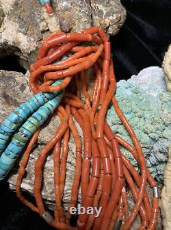 EARLY! Rare, Santo Domingo 9-Strand Red Coral Necklace & Turquoise Jacla, 135.5g