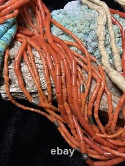 EARLY! Rare, Santo Domingo 9-Strand Red Coral Necklace & Turquoise Jacla, 135.5g