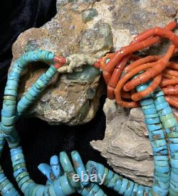 EARLY! Rare, Santo Domingo 9-Strand Red Coral Necklace & Turquoise Jacla, 135.5g