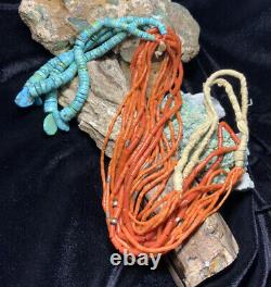 EARLY! Rare, Santo Domingo 9-Strand Red Coral Necklace & Turquoise Jacla, 135.5g