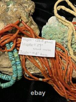 EARLY! Rare, Santo Domingo 9-Strand Red Coral Necklace & Turquoise Jacla, 135.5g