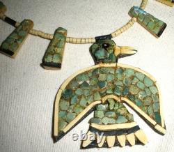 EARLY SANTO DOMINGO PUEBLO TURQUOISE THUNDERBIRD SQUASH BLOSSOM NECKLACE vafo