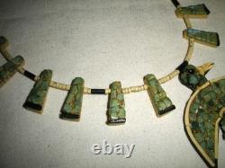 EARLY SANTO DOMINGO PUEBLO TURQUOISE THUNDERBIRD SQUASH BLOSSOM NECKLACE vafo