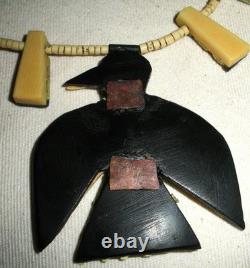 EARLY SANTO DOMINGO PUEBLO TURQUOISE THUNDERBIRD SQUASH BLOSSOM NECKLACE vafo