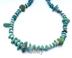 EARLY Santo Domingo Turquoise Nugget & White Heishi Bead SQUAW Necklace 32 inch