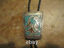 EARLY TOMMY SINGER (d.) Navajo Sterling Inlay Turquoise & Coral Chip Bolo Tie