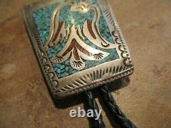 EARLY TOMMY SINGER (d.) Navajo Sterling Inlay Turquoise & Coral Chip Bolo Tie