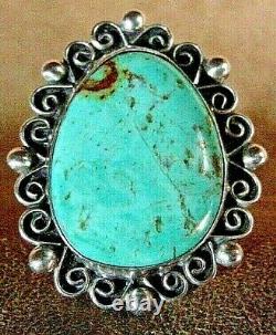 EARLY VINTAGE NAVAJO STERLING SILVER LARGE FINE KINGMAN TURQUOISE RING sz9.5