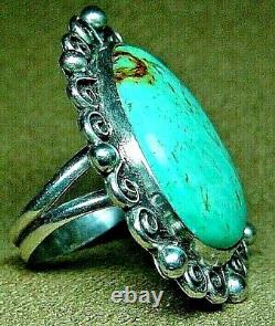 EARLY VINTAGE NAVAJO STERLING SILVER LARGE FINE KINGMAN TURQUOISE RING sz9.5