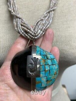 EARLY VINTAGE SANTO DOMINGO SHELL INLAID TURQUOISE PENDANT NECKLACE 141g 30 A++
