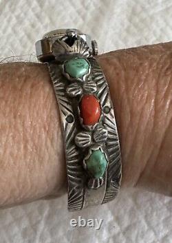 EARLY WJ Wayne Josie Panteah Zuni Vintage TURQUOISE CORAL Watch Cuff Bracelet