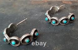 EARLY Zuni Sleeping Beauty Turquoise Hoop Earrings Sterling Silver 1