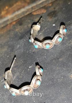 EARLY Zuni Sleeping Beauty Turquoise Hoop Earrings Sterling Silver 1