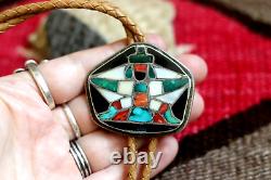 EARLY vintage ZUNI KNIFEWING MULTI STONE INLAY BOLO sterling silver turquoise