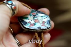 EARLY vintage ZUNI KNIFEWING MULTI STONE INLAY BOLO sterling silver turquoise