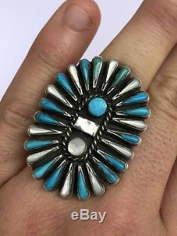 Early 1 5/8 Zuni Sterling Silver Needlepoint Turquoise & Mother Of Pearl Ring