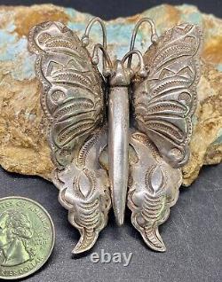 Early 1900's Navajo Hand Stamped Large Sterling Silver Butterfly Brooch Pin SEE