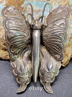 Early 1900's Navajo Hand Stamped Large Sterling Silver Butterfly Brooch Pin SEE