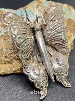 Early 1900's Navajo Hand Stamped Large Sterling Silver Butterfly Brooch Pin SEE