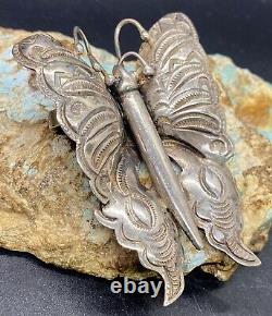 Early 1900's Navajo Hand Stamped Large Sterling Silver Butterfly Brooch Pin SEE