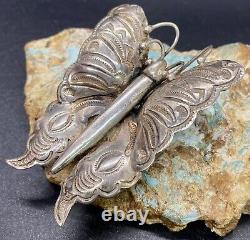 Early 1900's Navajo Hand Stamped Large Sterling Silver Butterfly Brooch Pin SEE